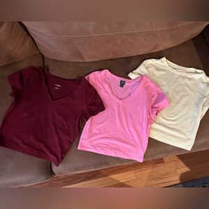 Set of Three Cropped T-Shirts in Burgundy, Pink, and Pale Yellow